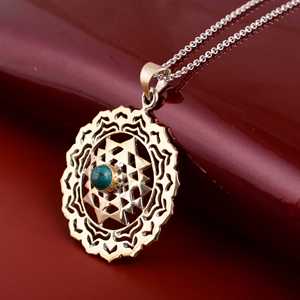 Shri Yantra Turquoise Brass Pendant 18k Gold Plated Mandala Cutout Wholesale <b>Necklace</b> - Product Image 1