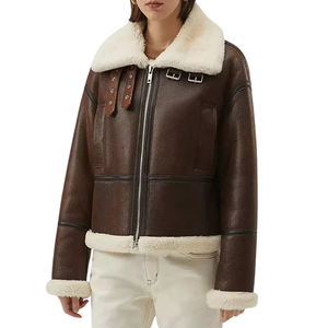 <b>Women's</b> Real Sheepskin Shearling Fur Leather <b>Flying</b> Brown Bomber <b>Jacket</b> - Product Image 4