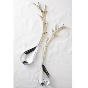 Service à salade en argent poli miroir, écologique, avec manche ondulé en laiton, design fourchette et cuillère, passe au lave-vaisselle, pour hôtel - Product Image 5