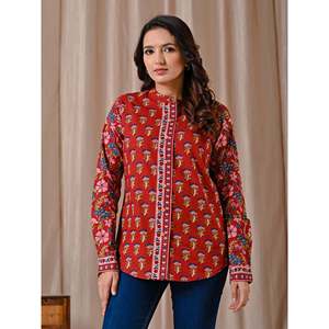 Blusa Elegante de Algodón Estampado Butta Rojo Oscuro para Mujer, Cuello Asimétrico, Botones Delanteros, Encaje Bordado Floral, Corta, Talla XL - Product Image 1