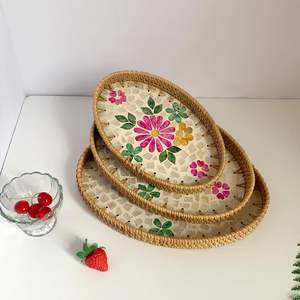 Hot sale rattan MOP serving <b>tray</b> multiple drinks styling mosaic capiz shell <b>trays</b> <b>table</b> cafe decor - Product Image 4