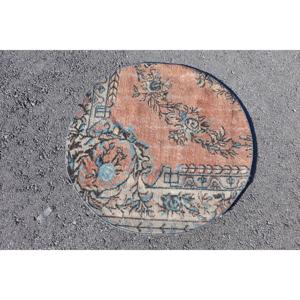 3.1x3.1 ft Rug, Vintage Turkish Rug, <b>Brown</b> Blue Animal Print <b>Wool</b> Rug - Product Image 1