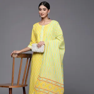 Exclusive Designer Women's Ethnic Wear Yellow Printed Pure Cotton Straight Kurta Paired With Trousers & Dupatta Sets Wholesale