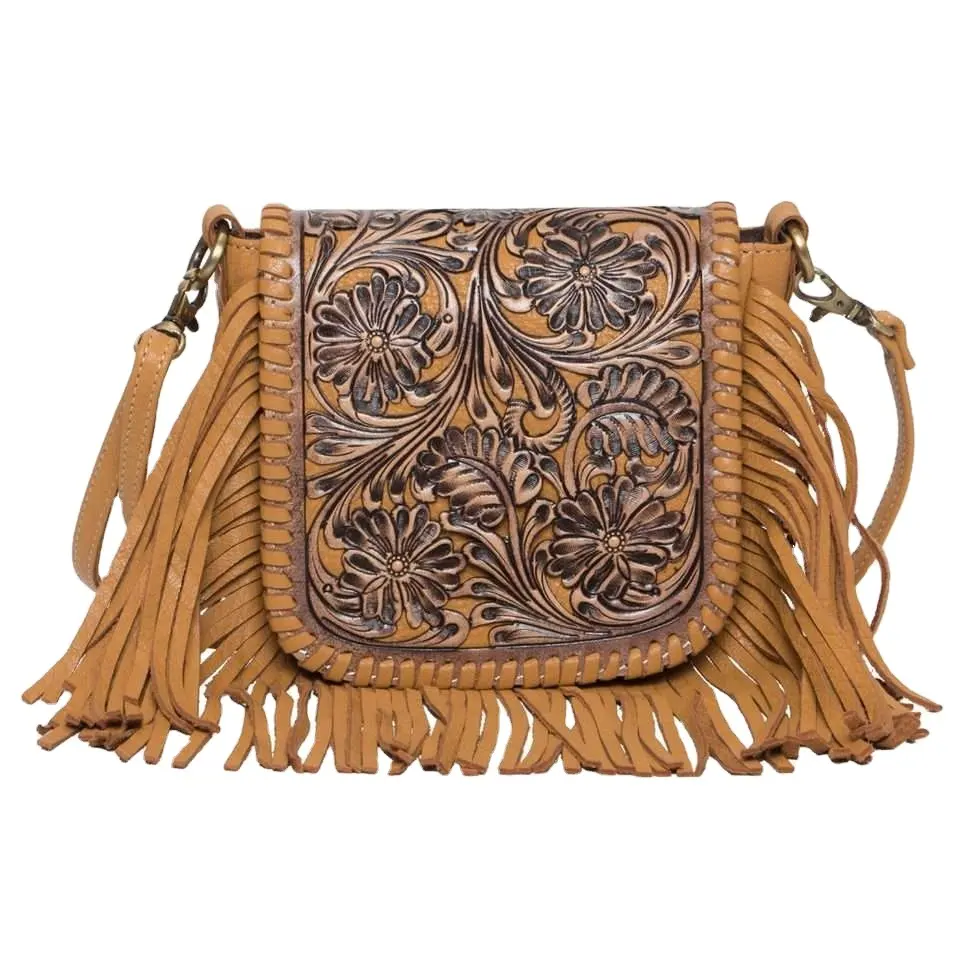 Luxury Designer 100% Genuine Leather Western Flap Sling Bag With Leather Fringe & Hand Carved Design Manufacturer And Wholesaler