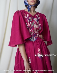 Vestido bordado personalizado 100% para mujer, patrones estampados tejidos de manga ancha Floral, ropa de ocasión de moda lavable Natural - Product Image 2