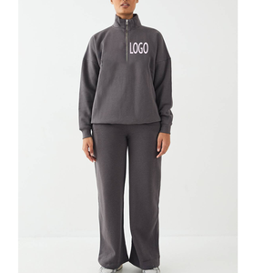 Conjunto Deportivo de 2 Piezas para Mujer, Estilo Holgado, con Media Cremallera, Felpa Francesa, Poliéster, Estampado Puff, Pierna Recta, para Gimnasio y Fitness - Product Image 4