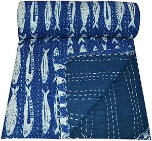 Indian Hand Block Kantha Quilt Fish Print Indigo Blue Kantha Vintage Throw Kantha Pure Cotton Handmade Bedding Blanket Bedspread