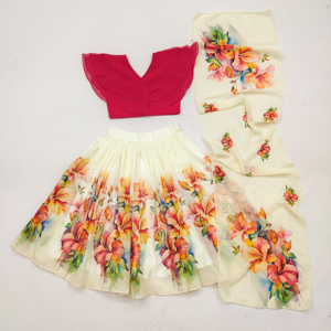 Ensemble Lehenga Choli Shoryam Fashion pour filles, imprimé floral, en organza, longueur au sol, avec chemisier à col en V à volants et dupatta, pour les mariages et les fêtes - Product Image 1