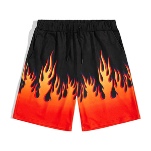 Shorts décontractés d'été tendance pour hommes, coupe ample, imprimé flamme noir et rouge, streetwear, cordon de serrage, élastique, non tissé, 100% coton - Product Image 4