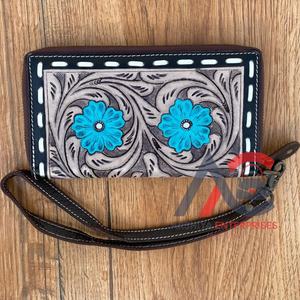 Portefeuille en cuir véritable taillé à la main sculpture pochette bracelet couleur Turquoise fleur multi-usages pour femmes multi-usages Offre Spéciale - Product Image 1