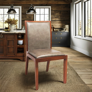 Silla de comedor de madera de nogal macizo con respaldo alto Tapicería de cuero de vaca italiano Madera dura duradera con diseño rústico Estilo de granja - Product Image 2