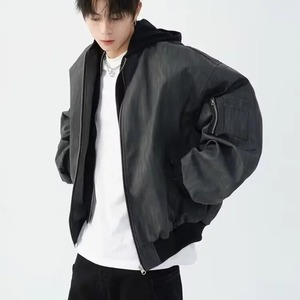 Chaqueta de cuero con capucha y doble cremallera Otoño/Invierno Funcional Wind Pocket Splicing Loose Fit Deconstructed Design Jacket para hombres y - Product Image 1