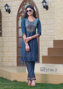 Exclusive Most Trending <b>Top</b> Quality Pure 100% Cotton Denim Kurti Pant With Embroidery Work <b>Indian</b> Exporter and Supplier - Product Image 6