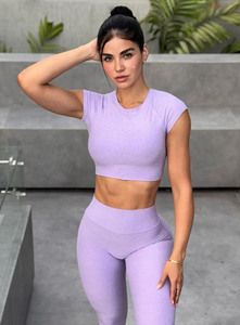 Top corto de fuerza con núcleo Lila azucarado para mujer, camisetas de entrenamiento físico de verano, elástico, suave y transpirable - Product Image 5