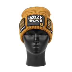 Bonnet en tricot acrylique pour femme, tissu extensible doux, style hiver, couleur moutarde, broderie personnalisée, badges, bonnet jacquard. - Product Image 6