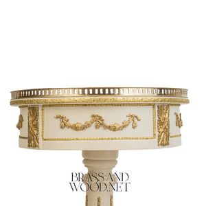 Mesa Auxiliar Redonda Blanca de Lujo de 2 Niveles con Arte Floral Pintado a Mano, Detalles en Latón Dorado y Compartimentos de Almacenamiento Forrados en Terciopelo - Product Image 4