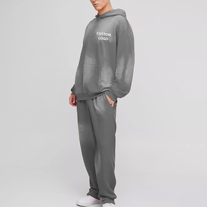 Men's Custom Printed Thick Cotton Streetwear Tracksuit Set Sunfaded Embroidery Patched Two-Piece <b>Hoodie</b> and Sweatpants - Product Image 4