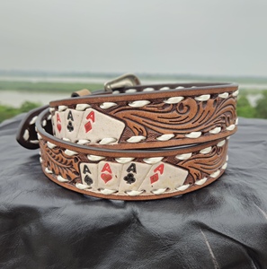 Ceinture Western en cuir repoussé de style vintage avec carte à jouer Poker Design matériau en peau de vache et boucle en alliage blanc - Product Image 2