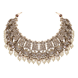 Ensemble collier floral Kundan et tour de cou en perles Bijoux de chaîne en or de créateur pour collier de mariée inversé - Product Image 4