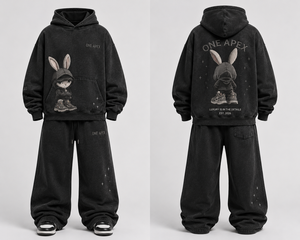 ชุดเซ็ตแฟชั่นสตรีทแวร์ยูนิเซ็กซ์ เสื้อฮู้ดดี้โอเวอร์ไซส์ลายกระต่ายสีดำพรีเมียม ผ้าหนา กางเกงวอร์มขายาวทรงกว้าง รับผลิตแบบ OEM ODM - Product Image 1