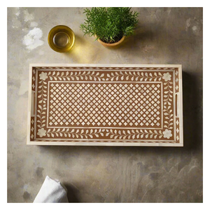 Plateau rond moderne fait à la main avec incrustation de nacre Taille personnalisée Plateau de service en bois et marbre Plateau d'incrustation d'os Usage domestique Service de nourriture - Product Image 1