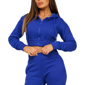 Ensemble de survêtements coupe-vent bleu à blocs de couleur pour femmes Logo personnalisé grande taille Crop Tops Hoodies en gros pour l'été - Product Image 5