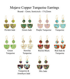 Pendientes de doble piedra de estilo geométrico, color verde cobre turquesa, latón chapado en oro, redondos con piedra de forma semicircular. - Product Image 2