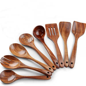 Juego de cucharas de cocina de madera de 8 piezas Premium, superficie lisa, teca Natural, utensilios de teca hechos a mano antiadherentes para cocinar y revolver - Product Image 1