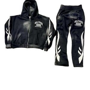 Fabricación de conjuntos de Sudadera con capucha y pantalones de chándal de algodón de peso pesado lavado con ácido parches bordados chándales con cremallera - Product Image 4