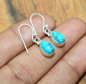 Boucles d'oreilles pendantes en argent sterling 925 turquoise bleu, bijoux en pierres précieuses faits à la main, mode féminine, cadeau - Product Image 4