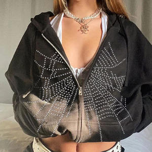 เสื้อฮู้ดมีซิปแนววินเทจสำหรับผู้หญิงขายดีมีเพชรประดับพลอยเทียมประกายแสงแดดทำให้พืชผลจางหายไปทุกฤดู - Product Image 3