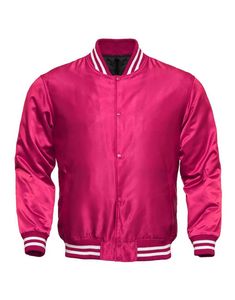 Chaqueta Varsity Rosa de Satén para Mujer, Cuello Alto, Estilo Béisbol, con Franjas Blancas y Puños Acanalados - Product Image 1