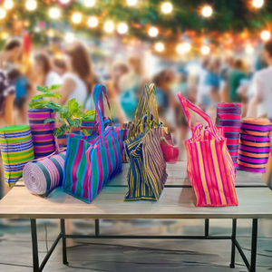 กระเป๋าเครื่องสำอางแบบทอจากไนลอนรีไซเคิล ทำมือโดยผู้ผลิตโดยตรง ใช้ซ้ำได้ ลายทาง สำหรับซุปเปอร์มาร์เก็ต ดีไซน์อินเดียดั้งเดิม - Product Image 3