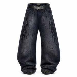 DiZNEW Custom Y2K <strong>Baggy</strong> <strong>Jeans</strong> <strong>Mens</strong> Distressed Flame Skull Jacquard Wide Leg Denim Pants OEM Gothic Streetwear Opium Trousers - Product Image 1