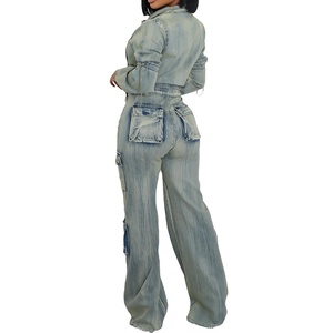 Women's Jeans Sets 2 Pc <b>Cargo</b> Pants and <b>Long</b> Sleeve Tops Streetwear Denim Jacket Ladies Two Piece Jean Set for Women 2026 - Product Image 5
