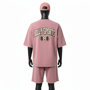 Men Premium Washed Cotton Jersey Shirt And Short Set 240GSM Soft Pink Heavyweight Screen Print Puff Logo Men's Jogging Short Set - Product Image 2