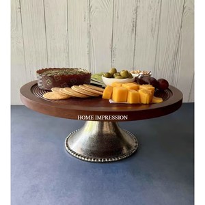 HOME IMPRESSION Brown Wooden Top <b>Cake</b> <b>Stand</b> Aluminum Base Modern Design Finest Quality Medium Size Table Decoration Fancy <b>Cake</b> - Product Image 1