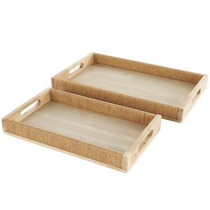 High Quality <b>Light</b> Brown Wood Handmade Serving Tray with Wrapped <b>Rope</b> Edges Slit Handles Set of 2 19\" 16\"W Wholesale Price - Product Image 1
