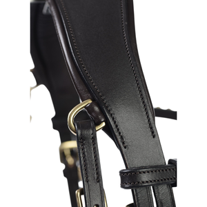 Bridon de dressage anatomique personnalisable, élégant, en cuir verni brun, de haute qualité, avec bandeau frontal en cristal doré et muserolle rembourrée - Product Image 6
