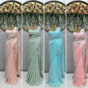 Tela Georgette de gasa pesada con todo el trabajo de secuencia y Sari de borde de encaje de diseñador Pari para mujer - Product Image 5