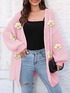 Manteau long décontracté de qualité supérieure pour femmes Stocks de fabrication Mode florale d'automne Crochet Col en V Manches lanternes - Product Image 4