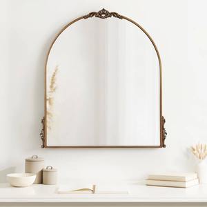 <b>Vintage</b> Antique <b>Gold</b> Square Art Deco Wall <b>Mirror</b> with Ornate Scroll Crest and Corner Flourish for Wedding Mantle Entryway - Product Image 1