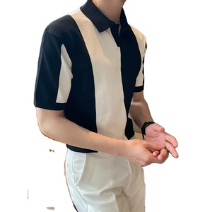 Top moda clásica Color sólido hombre básico cuello en V Top verano hielo seda manga corta Polo Casual rayas Color bloqueo - Product Image 5