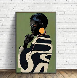 Style Art Déco Sans Cadre Minimaliste <span class=keywords><strong>Noir</strong></span> <span class=keywords><strong>Blanc</strong></span> Vert Art Mural Portrait Féminin Africain Impression sur Toile - Product Image 2