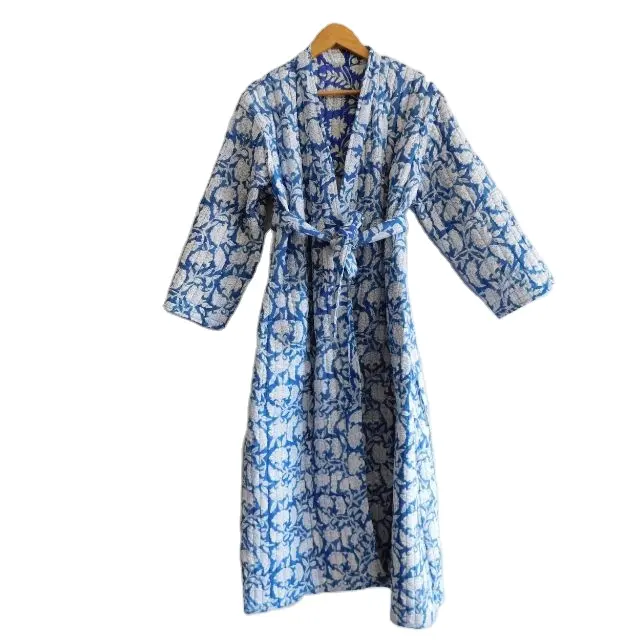 Áo Choàng Tắm Kiểu Kimono Chần Bông Dài Vải Bông Họa Tiết Hoa Hình Khối Ấn Độ Trang Phục Ngủ Gợi Cảm Cho Nữ Áo Khoác