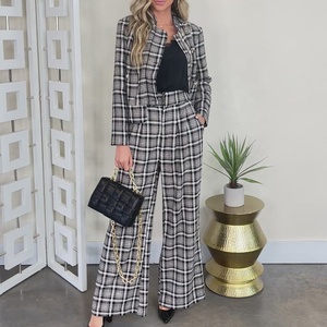 OEM personalizado trajes de moda y Blazer conjunto de las mujeres Casual elegante Plaid <span class=keywords><strong>Tweed</strong></span> blazer mujeres chaqueta y pantalones de pierna ancha conjunto de 2 <span class=keywords><strong>piezas</strong></span> - Product Image 1