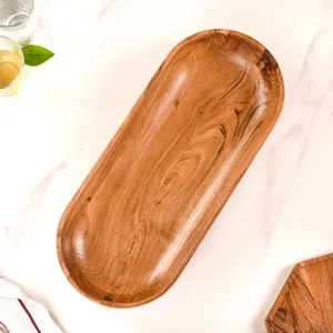 Bandeja larga de madera de acacia para servir, Plato de frutas, centro de mesa de madera rústico, cuenco decorativo, grano Natural hecho a mano, seguro para alimentos - Product Image 5
