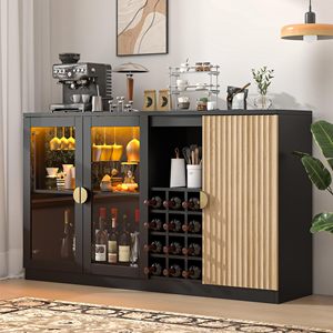 Buffet moderne noir en gros avec éclairage LED, portes en bois cannelé, casier à vin, et station de bar à café - Product Image 2