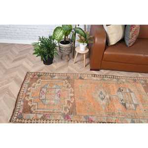 Vintage <b>Runner</b> <b>Rug</b> 2.7x12.6 ft (83x384 cm), Orange Ikat Turkish <b>Rug</b> - Product Image 1