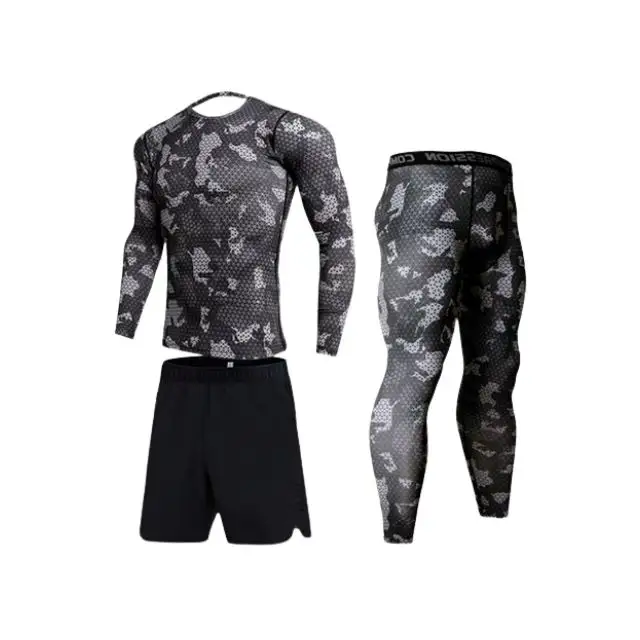 Sneldrogende Camouflage Heren Hardloopsets Compressie Sportpakken Skinny Panty Kleding Gym Heren 3 Stuks Fitness Sportkleding Set